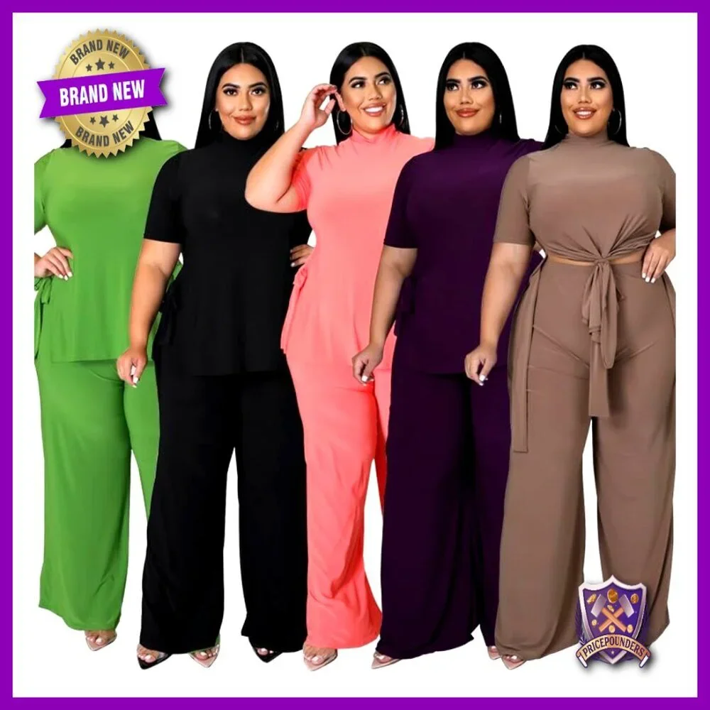 Plus Size Wide Leg Pant Set Short Sleeve Split Shirt Active Sweatsuit
